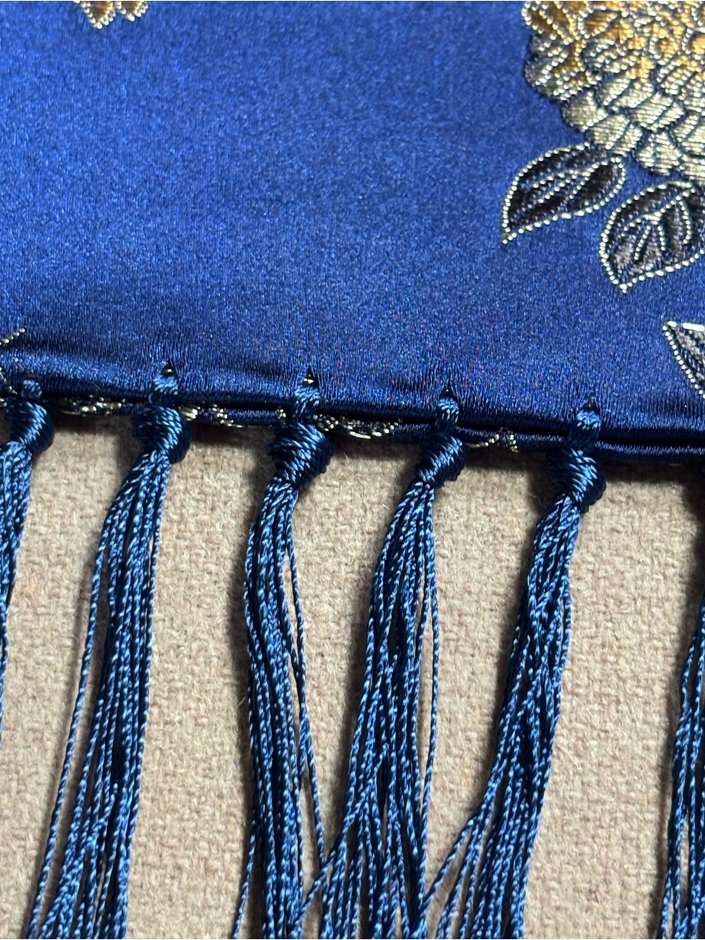 Vintage-Inspired Blue Chinese Embroidered Floral Scarf with Tassel Fringe - Picture 6 of 10